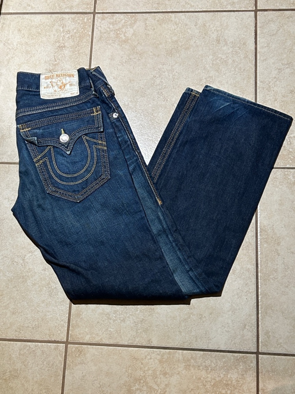 True Religion Dark Indigo Straight Jeans with Contrast Stitching